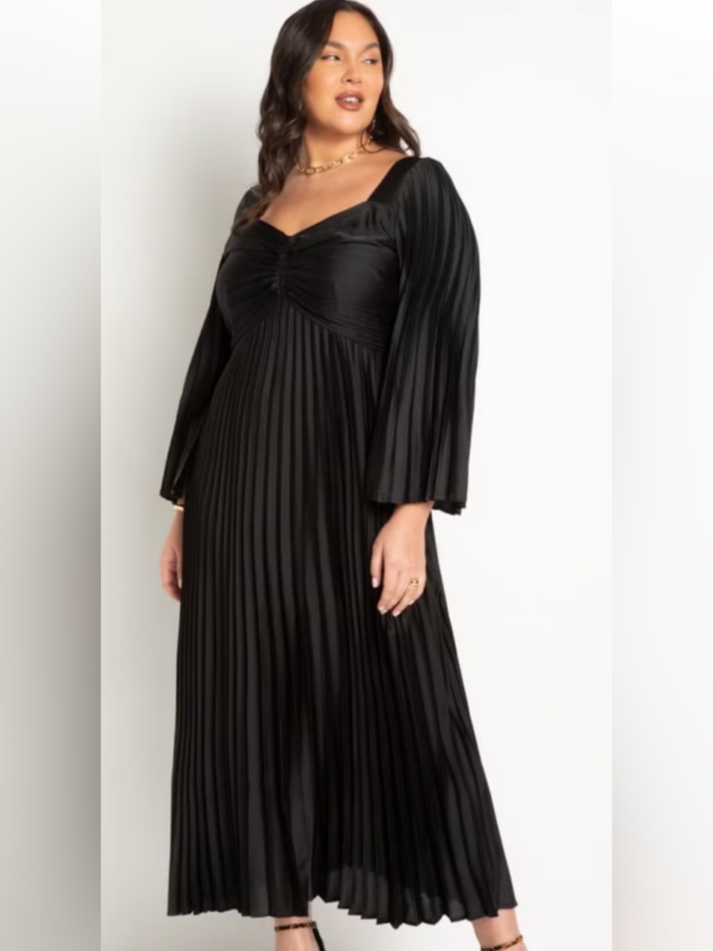 ELOQUII Black Pleated Satin Flare Long Sleeve Evening Formal Maxi Dress Size 14